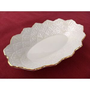 LENOX Jacquard Gold Oval‎ Serving Vegetable Dish Cream Fluted Edge 9.5"x6" NOS